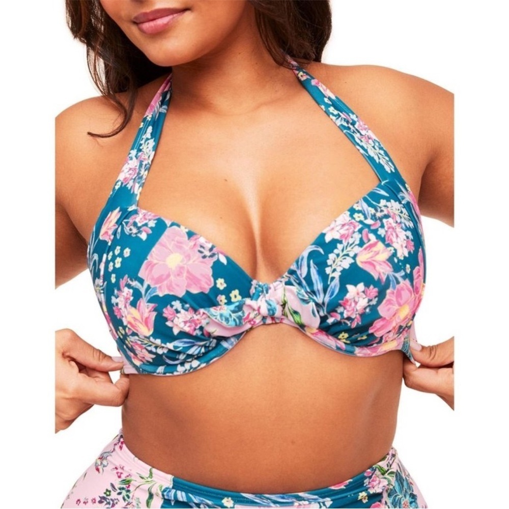 Adore me floral bikini top Blue and Pink halter top 42DDD beach summer pool swim